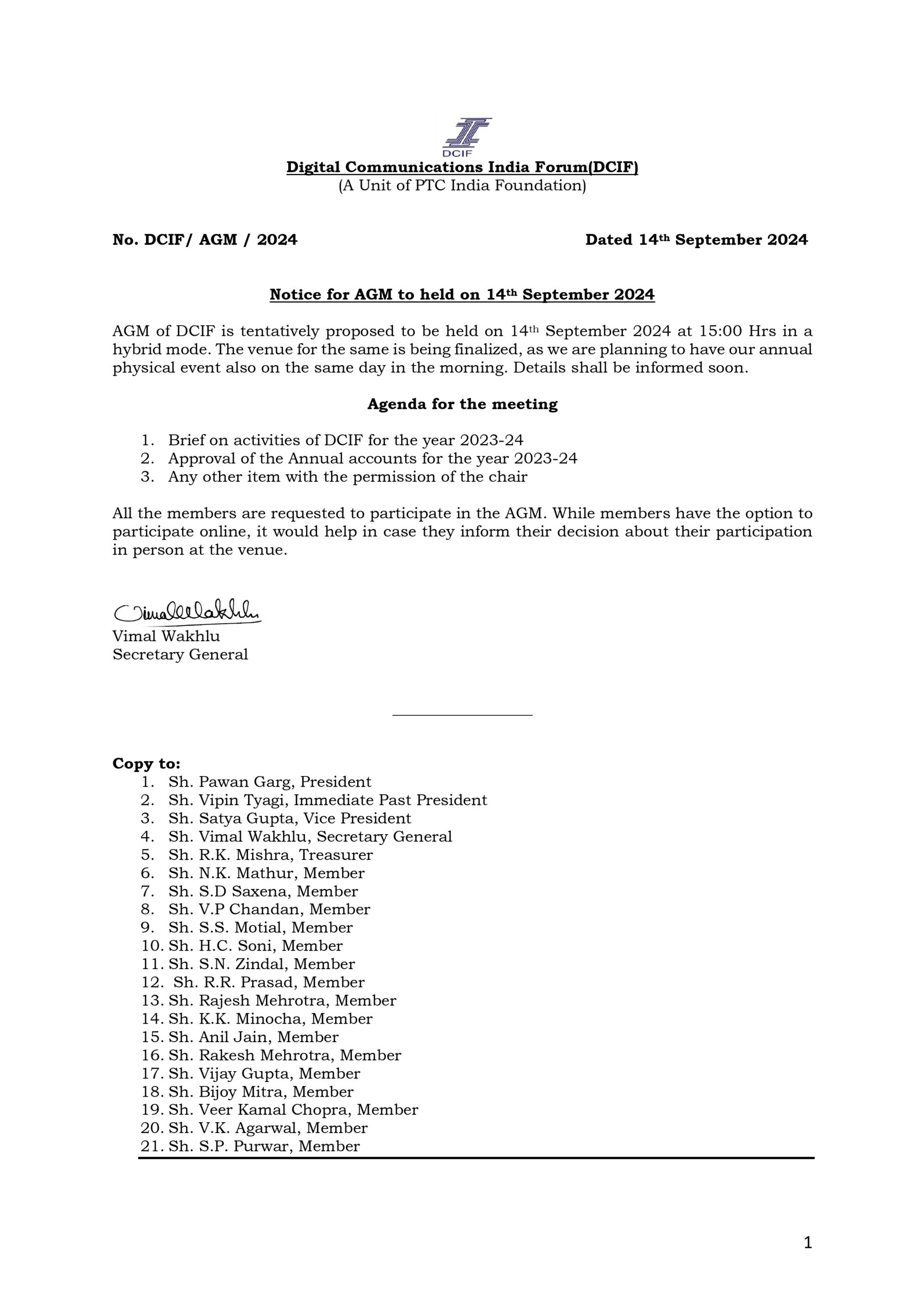 Notice for AGM to held on 14th September 2024